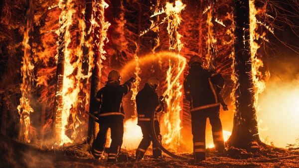 Tres bomberos luchan contra el fuego en un espacio natural