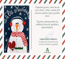 La felicitación reúne dibujos con motivos tradicionales como muñecos de nieve, guirnaldas y árboles de Navidad