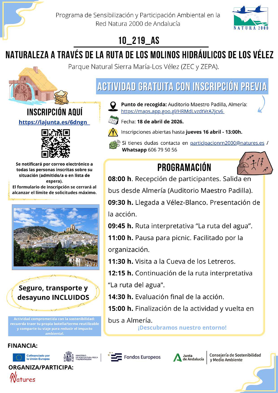 Cartel actividad Naturaleza a través de la ruta de los molinos hi dráulicos de los Vélez