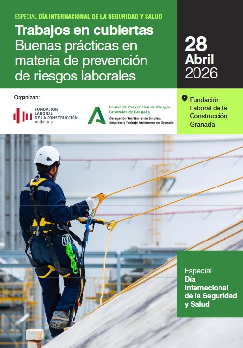 Un operario, ataviado con todo el equipo EPI, trabajando sobre la cubierta de un edificio