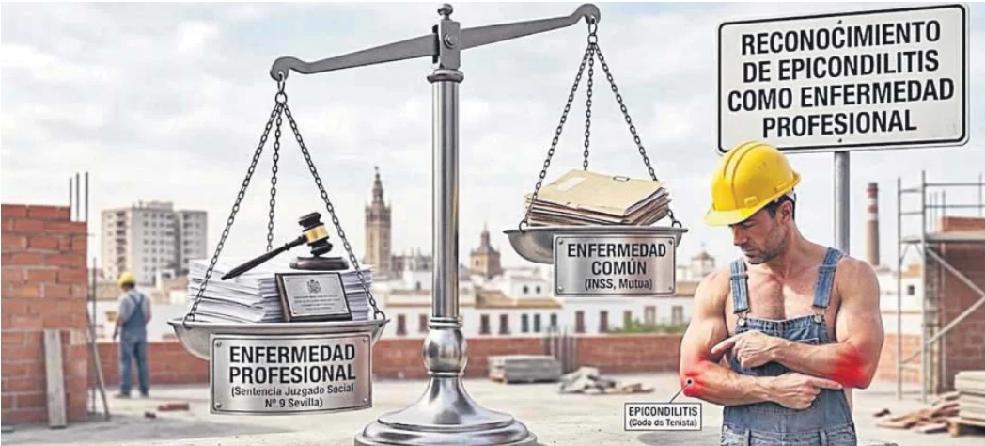 Ilustración donde aparece un albañil en una obra señalándose el codo donde sufre epicondilitis